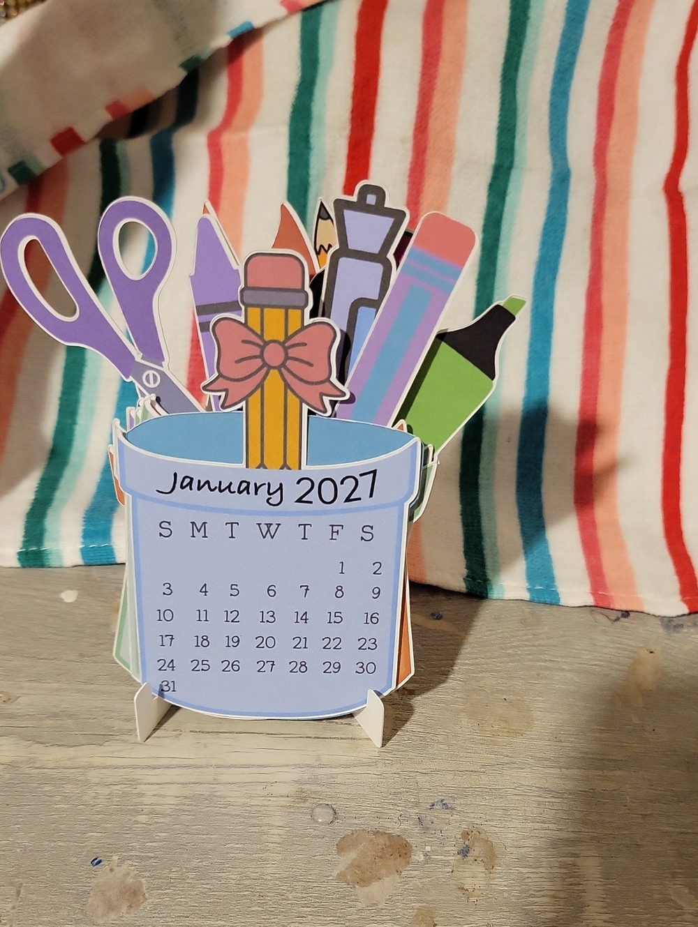 January 2027 Desk Calendar Pen Holder - Multicolor
